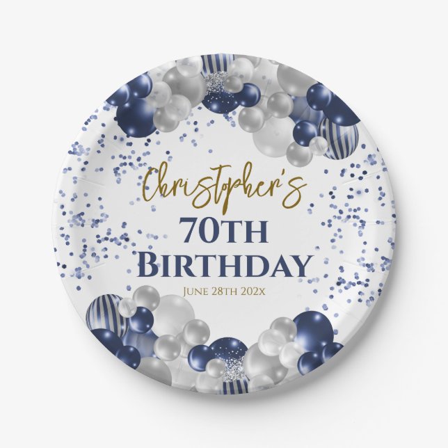Prato De Papel Balões de Marinho de Festa de aniversário 70 (Frente)