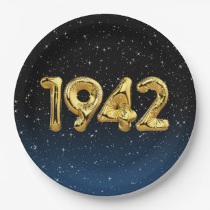 Prato De Papel Balões do Ano de Nascimento 1942 em Ouro com Estre