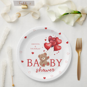 Prato De Papel Baloões Coração Urso Vermelho Chás de Bebê