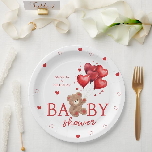 Prato De Papel Baloões Coração Urso Vermelho Chás de Bebê (Casamento)