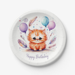 Prato De Papel Baloões de Aniversário de Gatinho Vermelho em Aqua