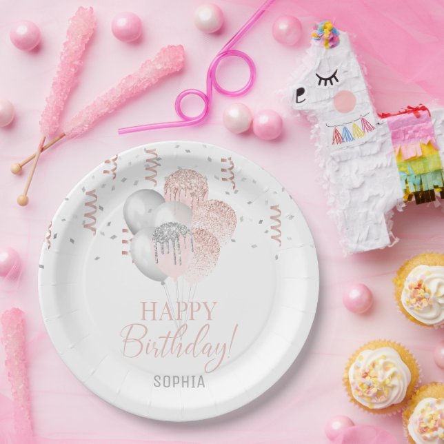 Prato De Papel Baloões de Aniversário Rosa e Prata (Festa)