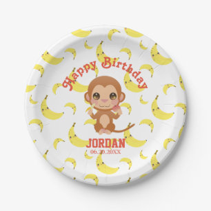 Prato De Papel Banana Baby Monkey Feliz Aniversário Placas