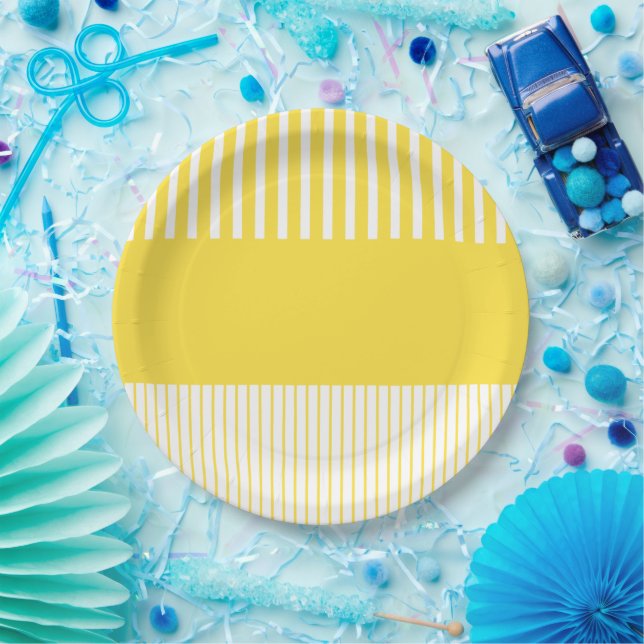 Prato De Papel Bandas Pop de cor - Amarelo-limão e Branco (Festa)