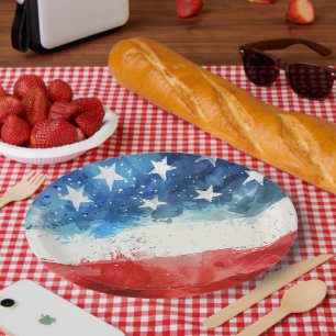 Prato De Papel Bandeira Americana em Aquarela Vermelha, Branca e