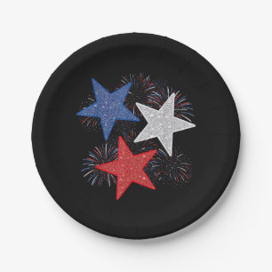 Prato De Papel Bandeira Americana Estrelas Fogos de Artifício 4 d