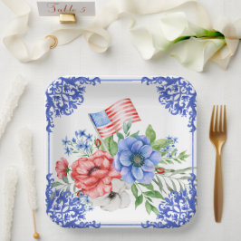 Prato De Papel Bandeira Americana Floral Vermelha, Branca e Azul