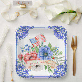 Prato De Papel Bandeira Americana Floral Vermelha, Branca e Azul