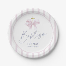 Prato De Papel Baptism Paper Plates for Girl, Modern Pink Bow
