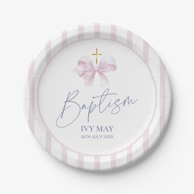 Prato De Papel Baptism Paper Plates for Girl, Modern Pink Bow  (Frente)