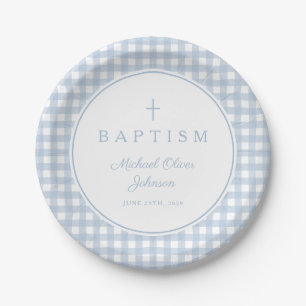 Prato De Papel Baptizado Menino Azul Xadrez Elegante