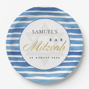 PRATO DE PAPEL BAR DE FAIXAS DE ÁGUA INDIGO AZUL BAT MITZVAH