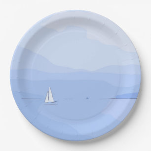 Prato De Papel Barco branco à vela no lago, no céu azul
