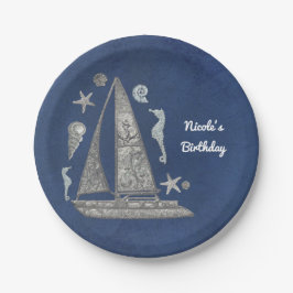 Prato De Papel Barco Prateado Náutico & Coisas de Praia Festa Ele