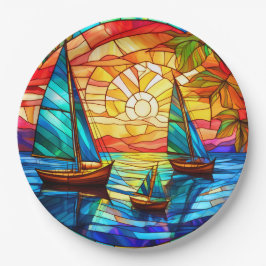 Prato De Papel Barcos à vela ao pôr do sol