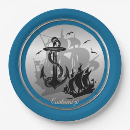 Prato De Papel Barcos Piratas e Âncoras de Silhueta Preta 3