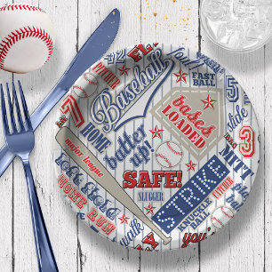 Prato De Papel Baseball Typography Red White Blue Stripes ID770