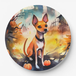 Prato De Papel Basenji de Halloween com Abóboras Assustador