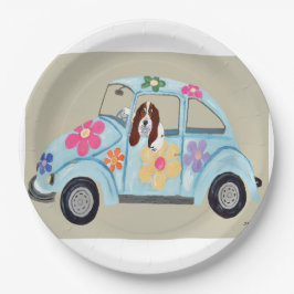 Prato De Papel Basset Hound em carro hippie