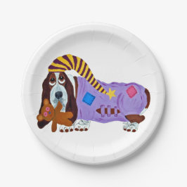 Prato De Papel Basset Hound em PJs com ursinho de pelúcia