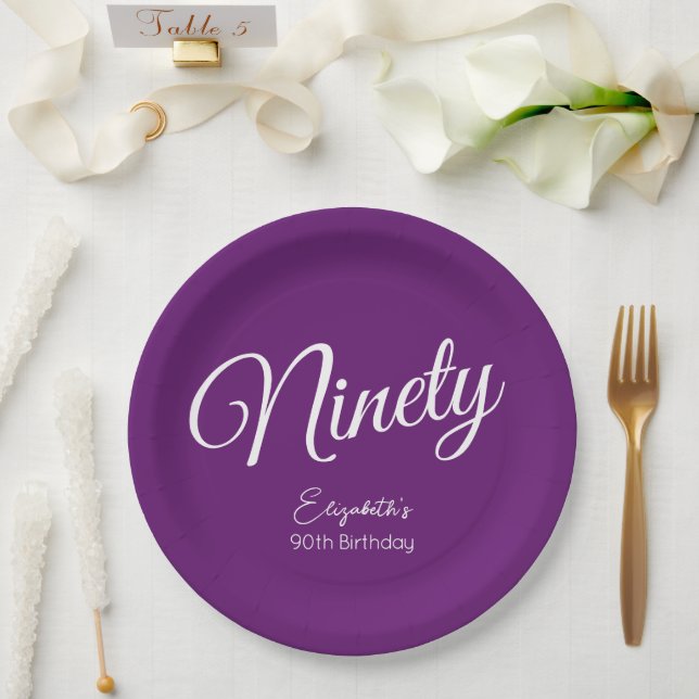 Prato De Papel Bastante Moderno Script Autumn Purple 90 Birthday (Casamento)