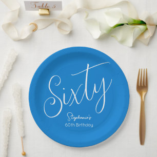 Prato De Papel Bastante moderno Script Azul 60º aniversário