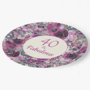 Prato De Papel Bastante Roxo Floral Aquarela 40 Fabuloso