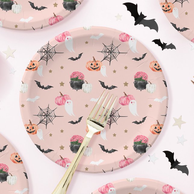Prato De Papel Bat de Aranha Rosa e Pumpkin Laranja no Halloween (Fun Halloween Pink & Orange Pumpkin Spider Web Bat Paper Plates)