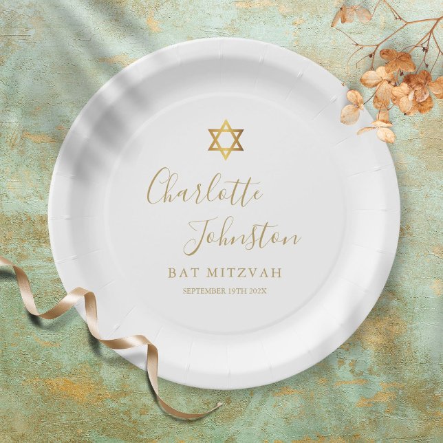 Prato De Papel Bat Mitzvah, Bar Mitzvah Elegante - Script Dourado (Criador carregado)