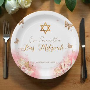 Prato De Papel Bat Mitzvah Paper Plates Borboletas cor-de-rosa