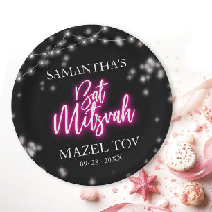 Prato De Papel Batem Mitzvah Temático de Neon Rosa Quente
