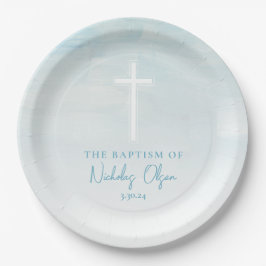 Prato De Papel Batismo Aquarela Pastel Papéis Azuis