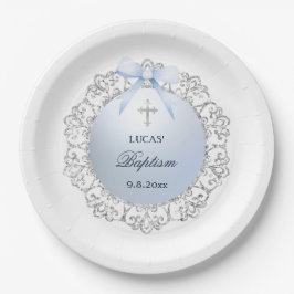 Prato De Papel Batismo Arco Azul com Quadro de Lâmpada de Prata