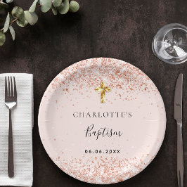 Prato De Papel Batismo blush rosa dourado nome da garota