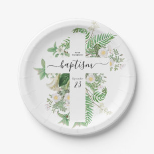 Prato De Papel Batismo Christening Cross Greenery Gênero Neutro