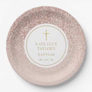 Prato De Papel Batismo com Glitter em Rose Gold   Crisma