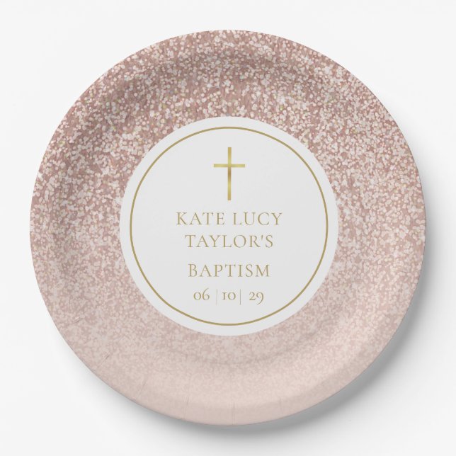 Prato De Papel Batismo com Glitter em Rose Gold | Crisma (Frente)