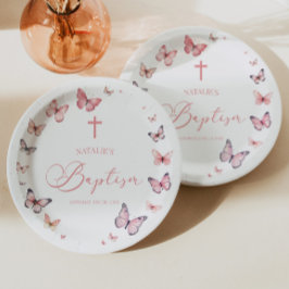 Prato De Papel Batismo de borboleta rosa macia