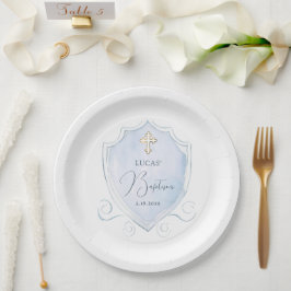 Prato De Papel Batismo de Crest de Ceste Azul Claro Elegante