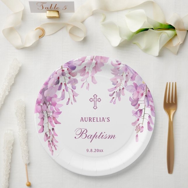 Prato De Papel Batismo de glicínias rosa (Casamento)
