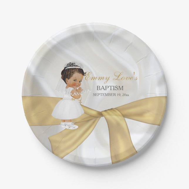 Prato De Papel Batismo de Menina Batizado Comunhão Ouro (Frente)