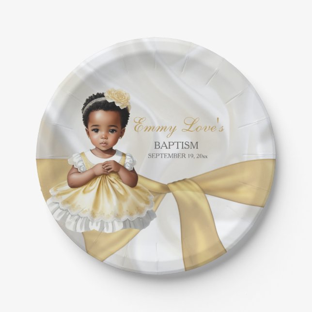 Prato De Papel Batismo de Menina Branco & Dourado (Frente)