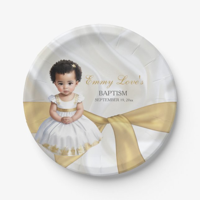 Prato De Papel Batismo de Menina Cristã Branco e Dourado (Frente)