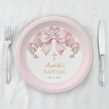 Batismo de Menina Laço Rosa Floral e Cruz Dourada