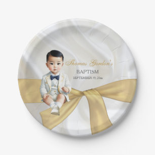 Prato De Papel Batismo de Menino Asiático com Branco e Dourado