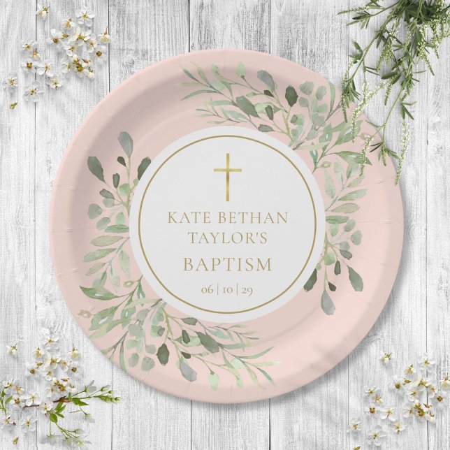 Prato De Papel Batismo de Vegetação Rosa Corada (Blush Pink Greenery Baptism Christening Paper Plates)