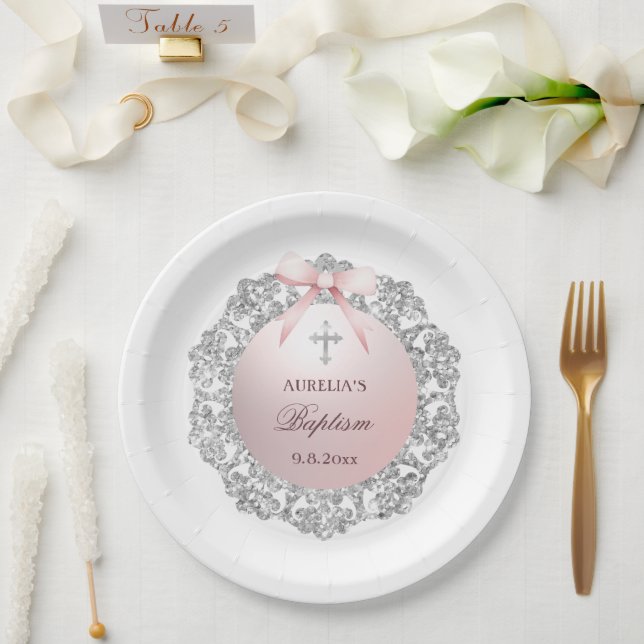 Prato De Papel Batismo do Arco Rosa com Quadro das Lentes de Lata (Casamento)