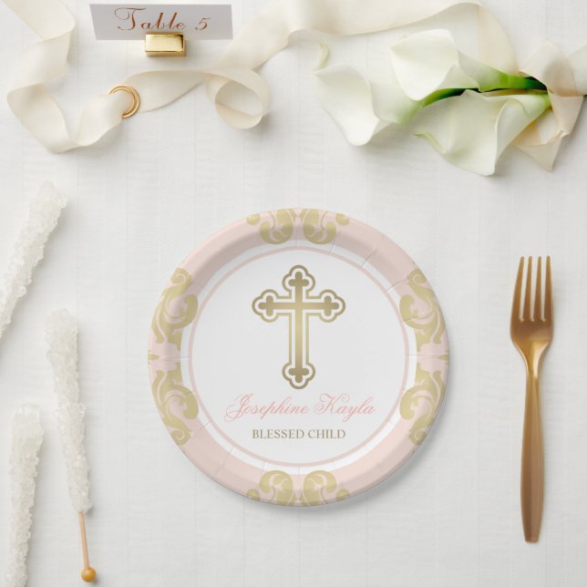 Prato De Papel Batismo Dourado e elegante Menina Damask Blush (Casamento)