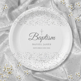 Prato De Papel Batismo Elegante Silver Stardust Christening
