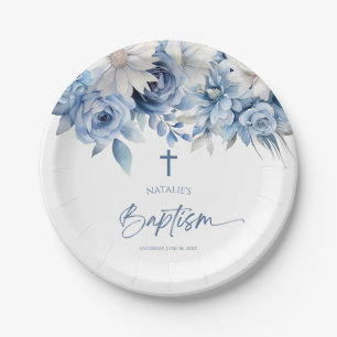 Prato De Papel Batismo Floral Azul Elegante